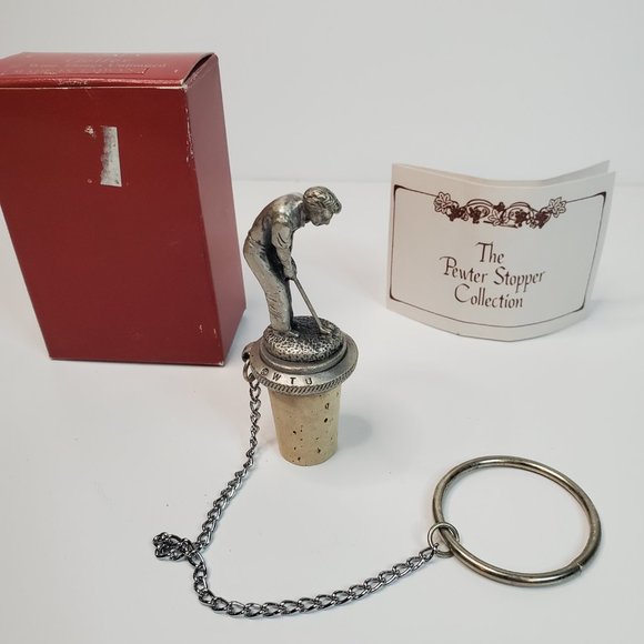 Vtg Solid Pewter Golf Cork Wine Stopper w Chain and 2 pc Stopper/Cheese Button - Picture 2 of 7